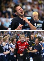 Bennet Wiegert (oben) vergab in der letzten Minute einen  Siebenmeter. Stojanovic (unten, in die Jubeltraube) pariete.