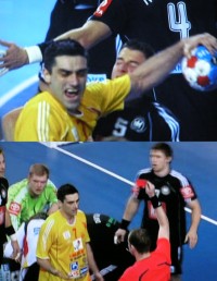 Nach diesem Ellenbogencheck an Dominik Klein sah Mazedoniens Topscorer Kiril Lazarov die rote Karte.