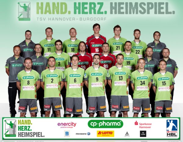 Oben von links: Athletiktrainer Sandmann, Jurdzs, Rydergard, Semisch, Sz�cs, Svavarsson, Gesch�ftsf�hrer Chatton; Mitte von links: Trainer Nordmeyer, Physioth. Warncke, Cl��ner, Katsigiannis, Puljezevic, Przybecki, Torwarttrainer Grah, Betreuer