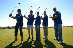 Erster Abschlag f�r den THW (von links):  Markus Ahlm, Martin Boquist,  Adrian Wagner,  Christian Zeitz und  Roman Pungartnik  hoffen auf eine Handballsaison ohne Handicaps. 